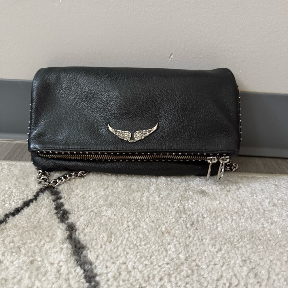 Zadig & Voltaire Bag Rocky Foldover Clutch Crossbody in Pebbled Leather Black - Picture 5 of 11